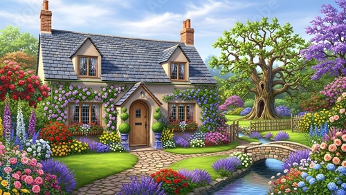 Charming English cottage surrounded by a riot of colorful blooming flowers and lush greenery, with a small stream and bridge