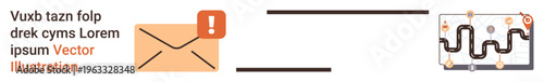 Workflow automation, communication, business management, data visualization, notifications, digital processes. Envelope with alert icon sent across a process chart. Workflow automation