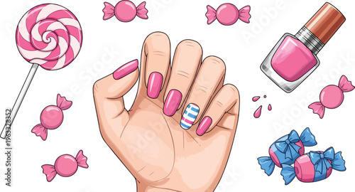 Pink manicure hand with nail art vector, beauty salon concept with lollipop and candy, feminine nail polish bottle and sweets illustration