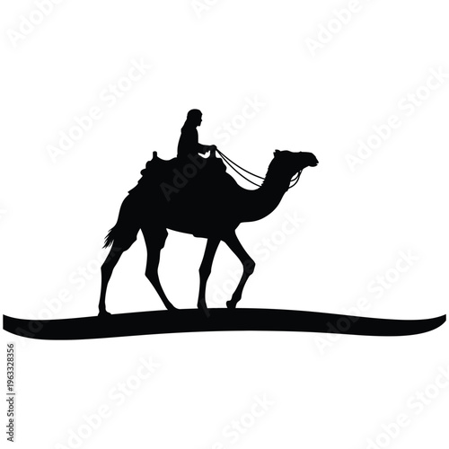 Black silhouette of person riding camel on white background