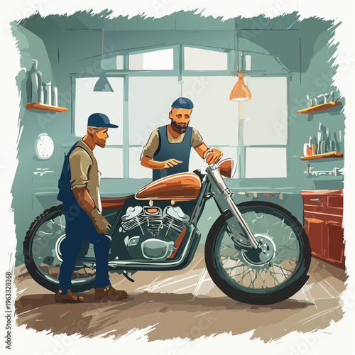 Two men working on a custom motorcycle in a garage.