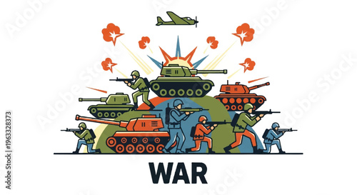 Military conflict scene with soldiers tanks and aircraft illustration