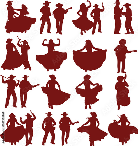 Set of traditional Mexican folkloric dancers and musicians silhouettes collection