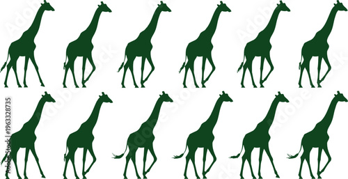 Seamless pattern green giraffe silhouettes walking against white background repeating design