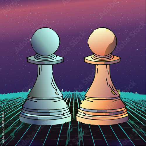 Two chess pawns standing side by side.