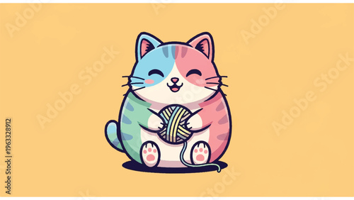 Colorful Cartoon Cat with Ball of Yarn.
