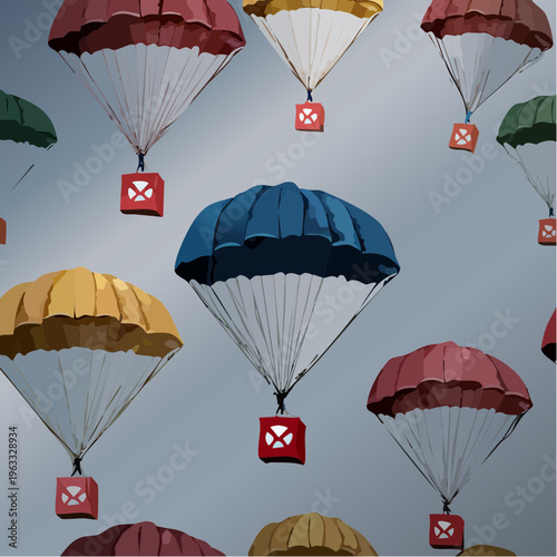 Parachutes carrying packages descending from the sky.