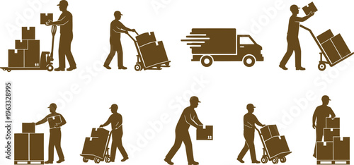 Logistics and delivery services vector icons with workers, truck, and boxes