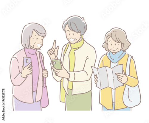 旅行中、スマートフォンで情報を調べるシニア女性たちのイラスト