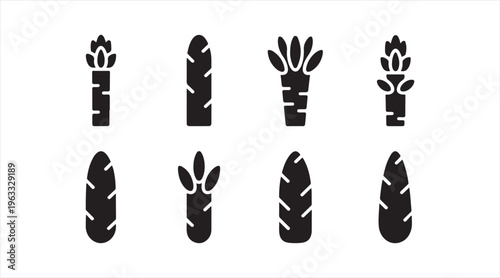 Minimal bamboo shoot silhouette icons set, black edible plant symbols isolated on clean background for food design