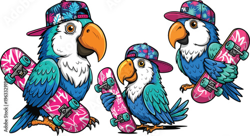 Cool parrot skateboarder mascot set, tropical blue bird characters with pink skateboards and floral hats, urban street style vector collection