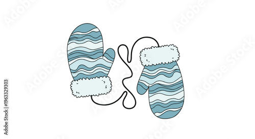Pair of light blue knitted winter mittens with wavy patterns connected by a long thin black string on a plain white background design.