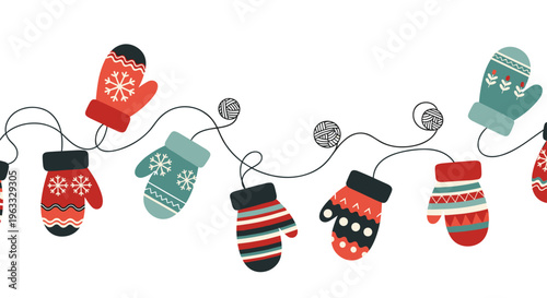 Decorative banner showing various patterned winter mittens in red, green, and blue hanging from a thin wavy string on white surface.