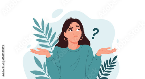 Young woman shrugging her shoulders with a confused facial expression and a question mark icon in a modern flat style illustration.