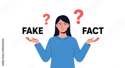 Young woman comparing fake and fact news with question marks in a concept of information verification and media literacy today.