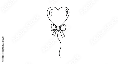 Simple black and white line drawing of a heart shaped balloon with a pretty bow tied to its wavy string on a plain white background.