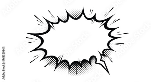 Blank comic book speech bubble with a starburst shape and halftone shadow isolated on a plain white background for custom text.
