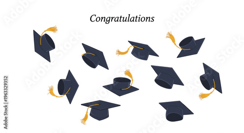 Multiple graduation caps thrown in the air with congratulations text to celebrate successful academic achievement and commencement.