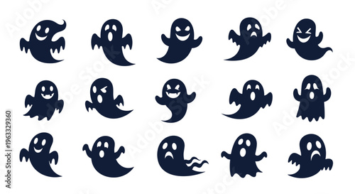 Collection of fifteen different spooky ghost silhouettes with various facial expressions for halloween holiday decoration and fun.