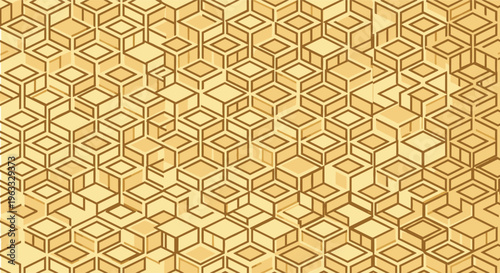 Seamless isometric 3d cube pattern in warm tan and yellow colors creating a geometric architectural texture background for design.