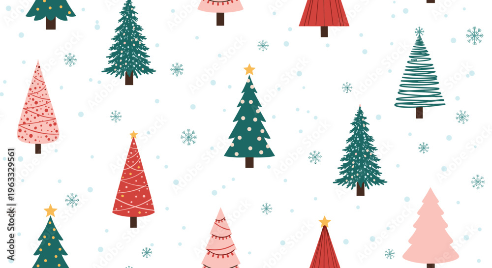 Obraz premium Festive seamless pattern with colorful Christmas trees and blue snowflakes on a white background with subtle snow dots.