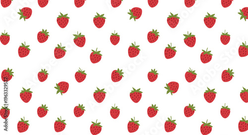 Seamless pattern of hand-drawn red strawberries with green leaves scattered on a clean white background for textile design.
