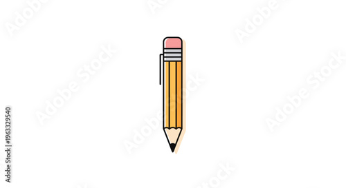 Simple flat vector illustration of a classic yellow wooden pencil with a pink eraser isolated on a white background.