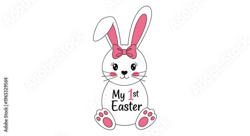 Cute white girl bunny with a pink bow on its head and My 1st Easter text on its body, perfect for baby first holiday.