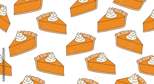 Seamless pattern of pumpkin pie slices topped with whipped cream scattered on a plain white background for autumn design.