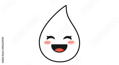 Adorable white droplet character with a big smile and blushing cheeks hand-drawn in a simple cartoon style on white.