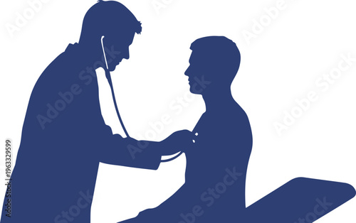 Medical doctor silhouette examining patient with stethoscope, healthcare professional performing physical exam, clinical checkup vector illustration