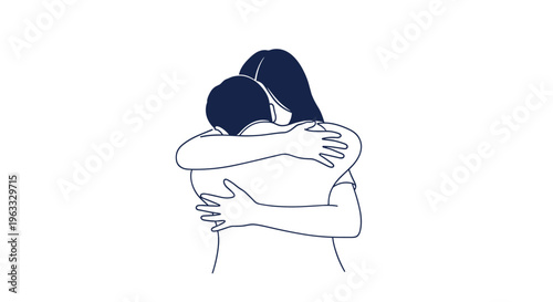 Minimalist black and white line drawing of two people embracing in a warm and comforting hug isolated on white.