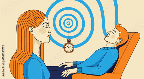 Hypnosis session with therapist and patient, hypnotherapy treatment with pocket watch and spiral, mental health and subconscious mind vector