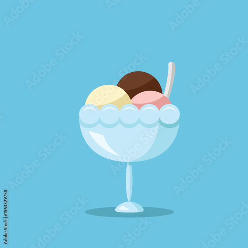 Neapolitan Ice Cream Sundae in Glass Bowl with Spoon. Three Flavor Scoops of Vanilla Chocolate and Strawberry Dessert. Sweet Summer Treat Vector on Blue Background.