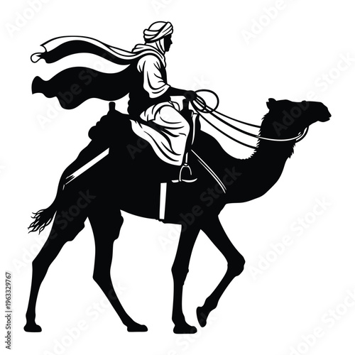 Silhouette of a man riding a camel rider desert