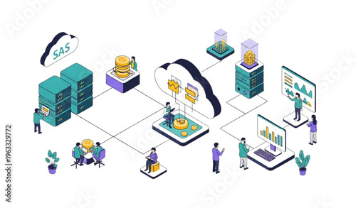 Modern Isometric Cloud Computing and Big Data Processing Scene with Teamwork Illustration