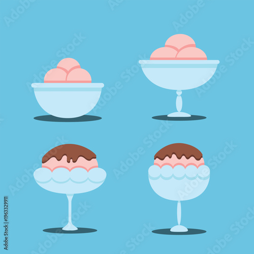 Ice Cream Sundae Scoops Set in Glass Bowls with Chocolate Topping. Strawberry Dessert Collection Vector. Pink Cold Sweet Treats Illustration on Blue Background.