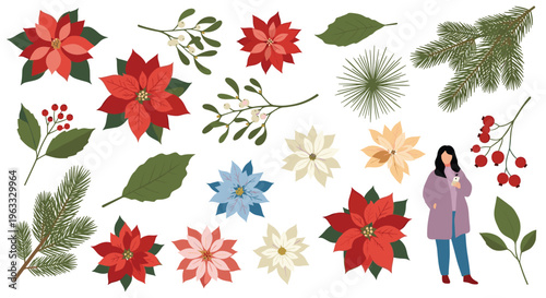 Collection of festive winter plants like poinsettia and mistletoe are arranged with a woman in a purple coat.