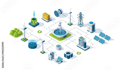 Modern Renewable Energy Isometric Scene with Solar Wind and Tidal Power Systems