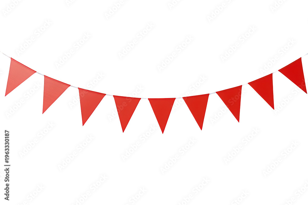 Obraz premium Red party pennants hanging on a string, diagonal bunting garland for festive celebration decoration, transparent background