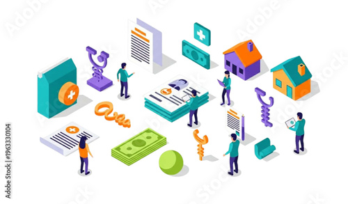Modern Isometric Social Security Illustration with Benefits, Assistance, and Insurance Icons