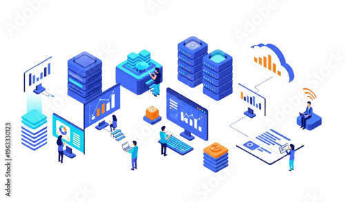 Isometric Datacenter Technology Concept with People Analyzing Big Data and Cloud Systems