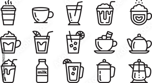 Collection of black and white line representing various hot and cold beverages and drinkware