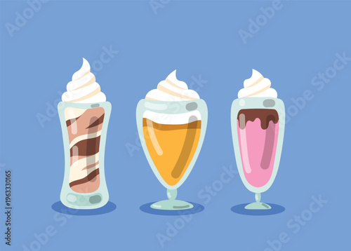 Three Vector Dessert Milkshake Drinks in Tall Glasses with Whipped Cream. Chocolate Caramel and Strawberry Milkshakes Set. Sweet Summer Treats on Blue Background.