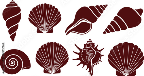 Collection of various stylized seashell and marine bivalve silhouettes vector icons