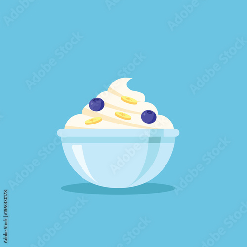 Yogurt with Blueberries and Banana Slices in Bowl. Healthy Breakfast Dairy Dessert Vector. Sweet Cream with Fruit Topping Illustration on Blue Background.