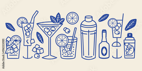 Blue line art illustration of various cocktails and bar accessories