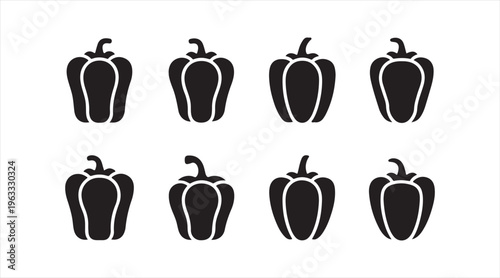 Black capsicum symbol set, minimalist vegetable illustrations for nutrition, kitchen, and organic farming use