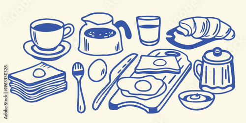 A charming blue line drawing of a continental breakfast spread