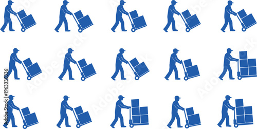 Blue silhouette worker pushing hand truck loaded with moving boxes seamless pattern